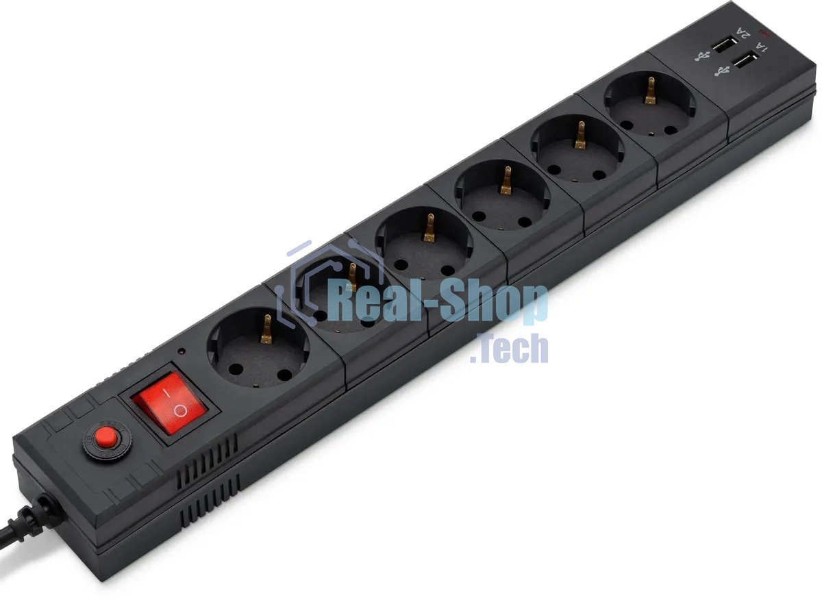 Удлинитель с сетевым фильтром 6х1.8 м с заземл. 10А IP20 BU-SP1.8 USB 2A CCA 3х0.75 2USB черный BURO 992310