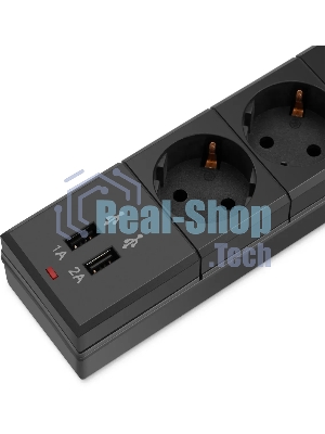 Удлинитель с сетевым фильтром 6х1.8 м с заземл. 10А IP20 BU-SP1.8 USB 2A CCA 3х0.75 2USB черный BURO 992310