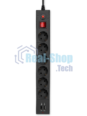 Удлинитель с сетевым фильтром 6х1.8 м с заземл. 10А IP20 BU-SP1.8 USB 2A CCA 3х0.75 2USB черный BURO 992310