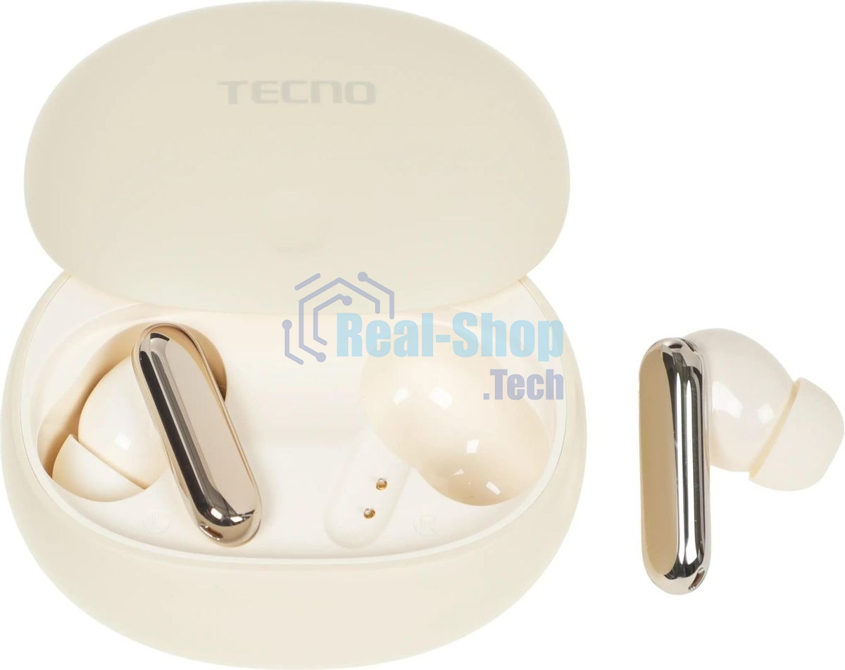 Наушники TWS Tecno True 1 (TU01) белый (кремовый), внутриканальные, Bluetooth, адаптивное шумоподавление, до 6 ч