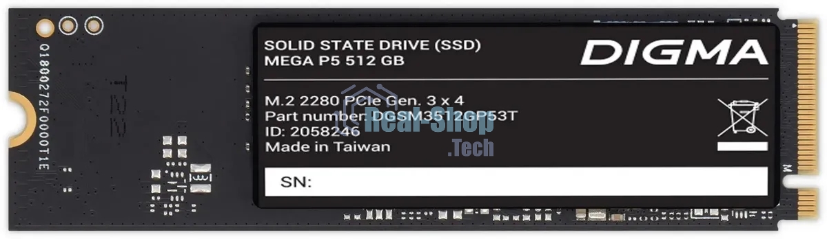 Накопитель SSD Digma Mega P5 DGSM3512GP53T, 512Gb, PCIe 3.0 x4, M.2 2280, NVMe, R/W 2900/2000