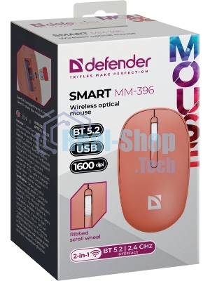 Мышь беспроводная Defender Smart MM-396 красный, 1600 dpi, радиоканал, Bluetooth, USB, кнопки - 3