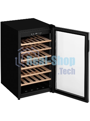 Винный шкаф Kuppersberg RSW 82, отдельностоящий, High-Tech, объем 128 л, вместимость 40 бутылок, диапазон температуры 5-20 градусов, механическое открытие двери, 6 полок из бука, LCD дисплей, уровень шума 38 дБ, черный