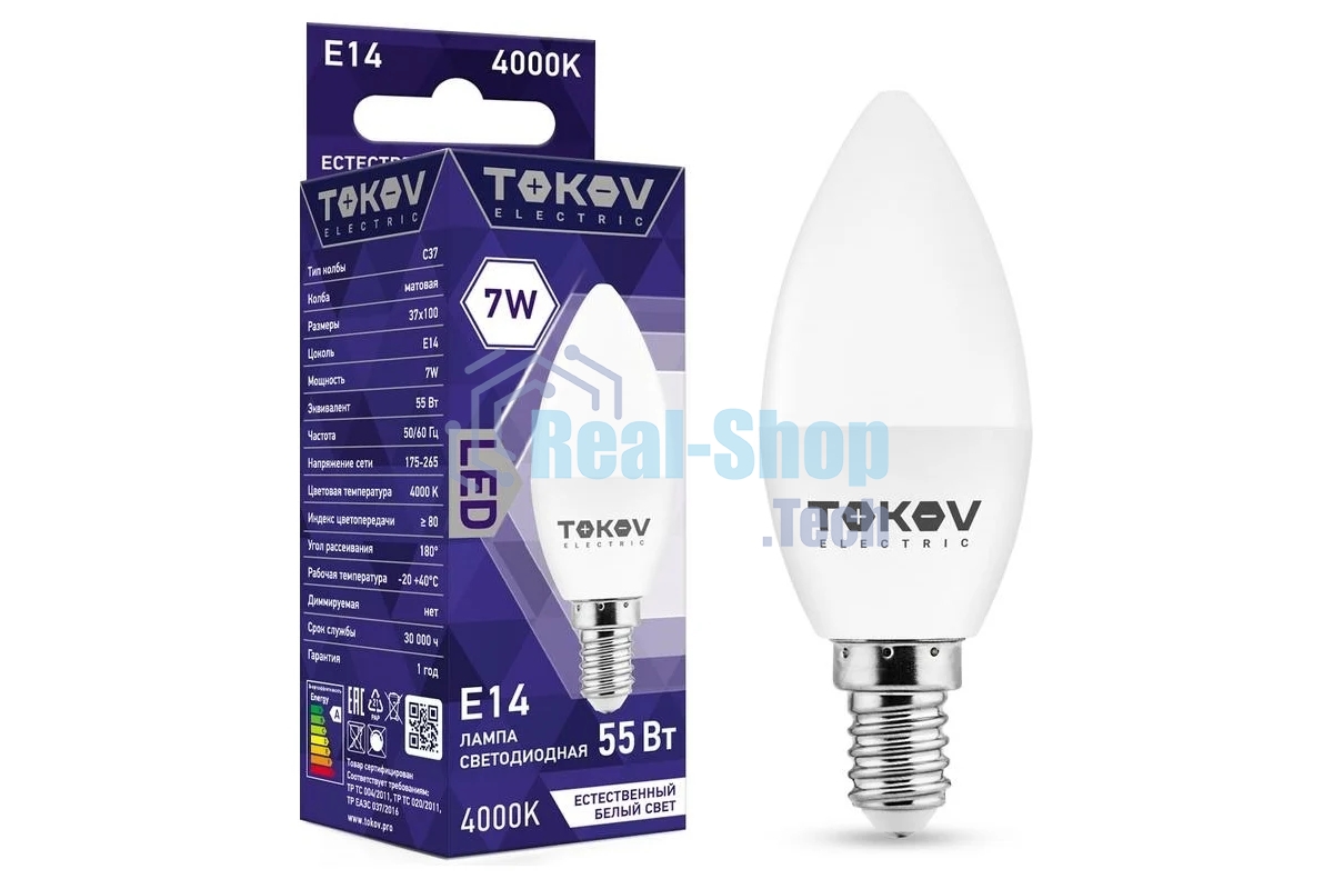 Лампа светодиодная TOKOV ELECTRIC 7 Вт С37 4000К Е14 176-264В