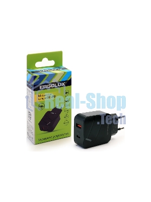 Сетевое зарядное устройство Ergolux ELX-РA01QC-C02 1USB+1Type C 100-220В 5-9В/3А QC коробка черный Ergolux