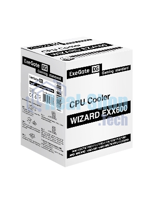Кулер ExeGate Wizard EXX600-PWM.FRGb (Al+Cu, 6 тепл.трубки, LGA775/1150/1151/1155/1156/1200/1700/1851/AM2/AM2+/AM3/AM3+/AM4/AM5/FM1/FM2/754/939/940, TDP 180W, Fan 120мм PWM, 800-2400RPM, Hydro bearing, 4pin, 11-24db, 540г, FRGb подсветка, с термопастой, на защелках, Color Box)