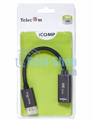 Кабель-переходник DP --> HDMI-F 0.2m, серый металлик, оплетка, 4K@60Hz, Telecom (TA560)