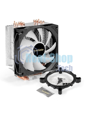 Кулер ExeGate Wizard EXX600-PWM.FRGb (Al+Cu, 6 тепл.трубки, LGA775/1150/1151/1155/1156/1200/1700/1851/AM2/AM2+/AM3/AM3+/AM4/AM5/FM1/FM2/754/939/940, TDP 180W, Fan 120мм PWM, 800-2400RPM, Hydro bearing, 4pin, 11-24db, 540г, FRGb подсветка, с термопастой, на защелках, Color Box)