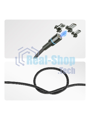 Кабель USB Rexant 3в1 со съемными магнитными портами, Type-С (2A), Lightning (2,4A), Micro USB (2A), 1,2м, в черной оплетке, с LED подсветкой