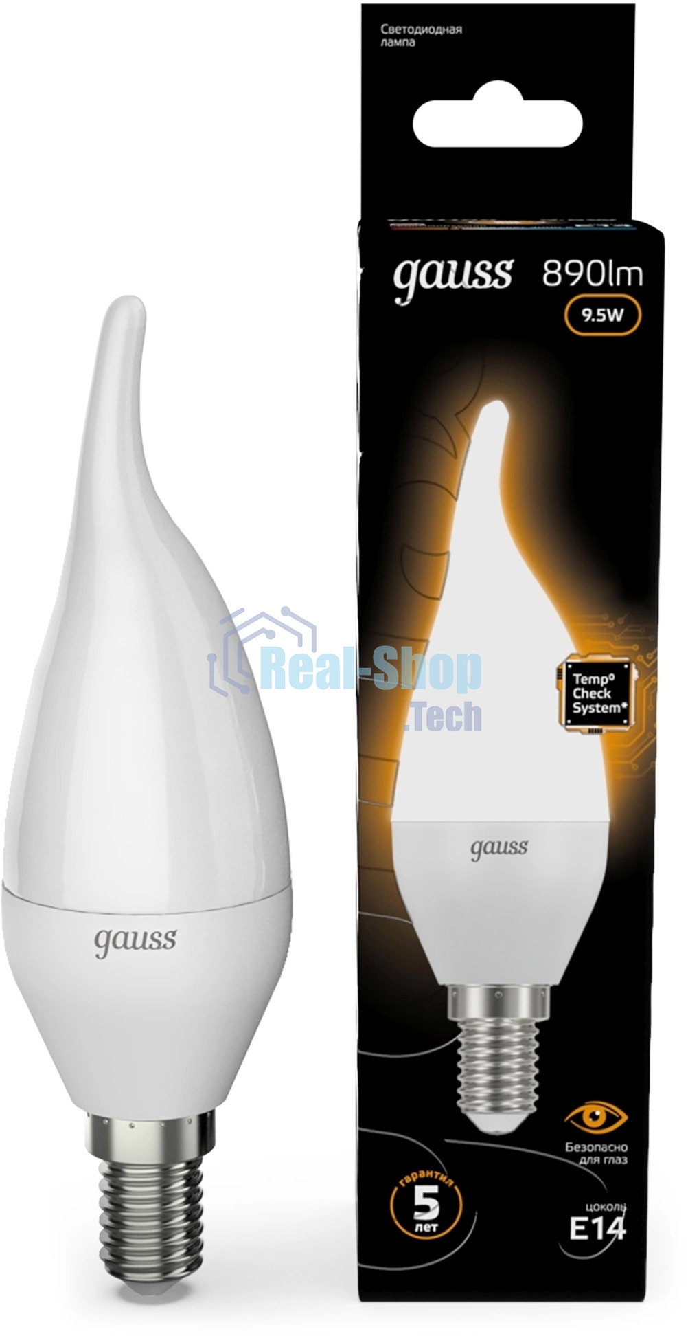 Лампа светодиодная Gauss 9.5Вт цок.:E14 свеча 220B св.свеч.бел.теп. (упак.:10шт) (104101110)