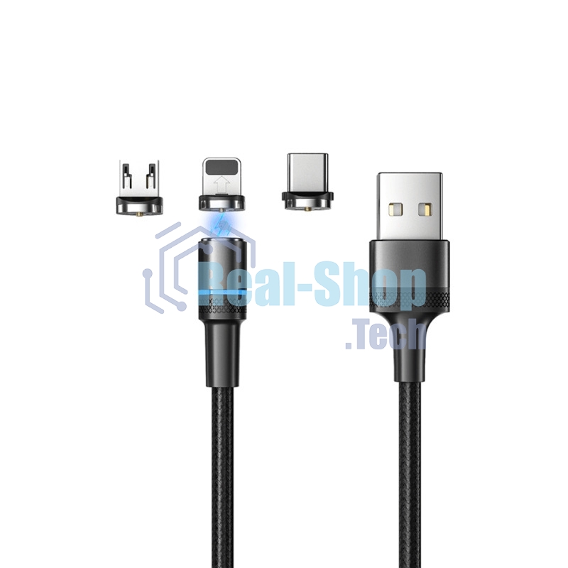 Кабель USB Rexant 3в1 со съемными магнитными портами, Type-С (2A), Lightning (2,4A), Micro USB (2A), 1,2м, в черной оплетке, с LED подсветкой
