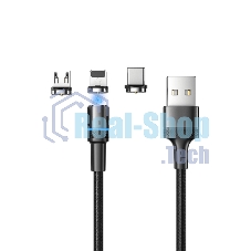 Кабель USB Rexant 3в1 со съемными магнитными портами, Type-С (2A), Lightning (2,4A), Micro USB (2A), 1,2м, в черной оплетке, с LED подсветкой