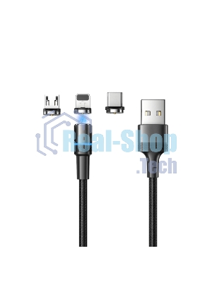 Кабель USB Rexant 3в1 со съемными магнитными портами, Type-С (2A), Lightning (2,4A), Micro USB (2A), 1,2м, в черной оплетке, с LED подсветкой