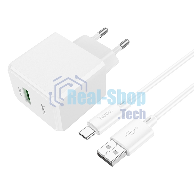 Зарядное устройство Hoco 18Вт, 3А, QC3.0, 1xUSB + кабель USB/Type-C, CS12A, белый, блистер