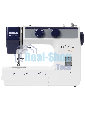 Швейная машина Janome SP901 белый/синий, электромеханическая, вертикальный качающийся, 15 операций, петля полуавтомат