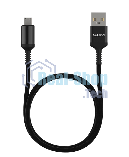 Кабель Maxvi MC-10M black, USB-A - microUSB, 2A ток макс. нагрузки 2А, макс. напряжение 5V; стандарт USB 2.0; длина 1м, нейлоновая оплетка, металлические корпуса разъемов, цвет черный