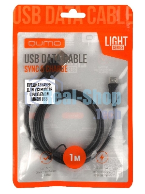 Кабель Qumo light series, USB-MicroUSB, 1м, 5В, 1A, опл. PVC, кон. PVC, черный