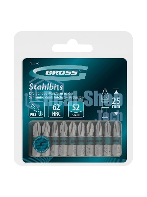 Бита Gross PH2х25мм, сталь S2, шестигр., 10 шт.