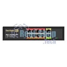 Коммутатор неуправляемый ExeGate EDES-1010D.8PoE-96W (10-портовый UTP 10/100 Base-Tx: 8 портов IEEE 802.3af (PoE), мощность PoE: 25W, суммарно 96W, 2 порта RJ45 uplink, настенный/настольный, металлический корпус)