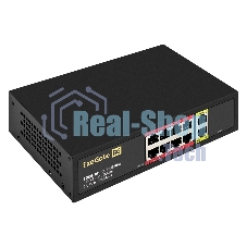 Коммутатор неуправляемый ExeGate EDES-1010D.8PoE-96W (10-портовый UTP 10/100 Base-Tx: 8 портов IEEE 802.3af (PoE), мощность PoE: 25W, суммарно 96W, 2 порта RJ45 uplink, настенный/настольный, металлический корпус)