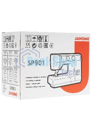 Швейная машина Janome SP901 белый/синий, электромеханическая, вертикальный качающийся, 15 операций, петля полуавтомат