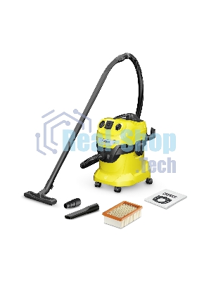 Строительный пылесос Karcher WD 4 P V-20/5/22 желтый, 1000 Вт, уборка сухая/сбор воды/выдув, пылесборник мешок/контейнер, 20 л