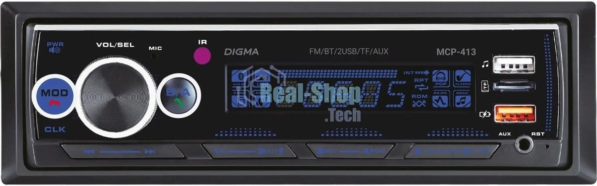 Автомагнитола Digma MCP-413, 1 DIN, Bluetooth, USB Type-A, AUX, пульт ДУ