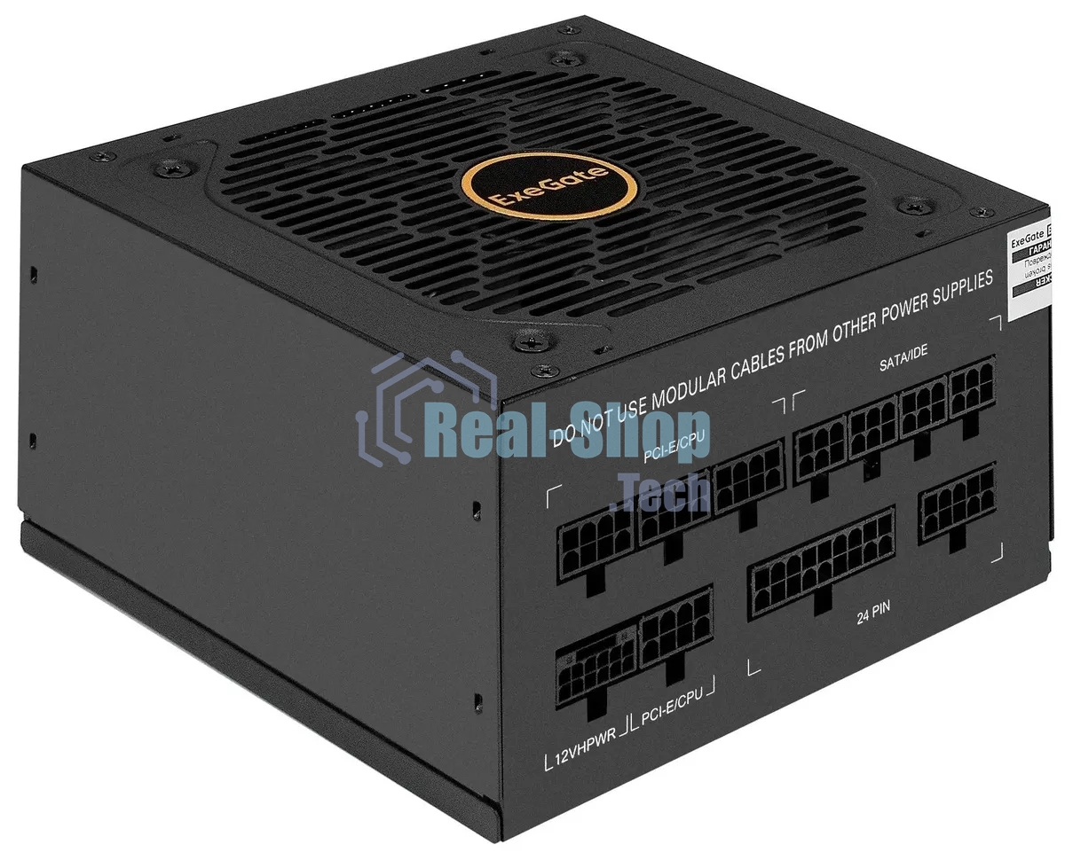 Блок питания 650W ExeGate 80 PLUS® GOLD 650VSP FС (ATX3.0, APFC, КПД 90% (80 PLUS Gold), 120мм fan, 24pin, 2x(4+4)pin, PCIE5.0/12VHPWR, 2xPCI-E, 6xSATA, 3xIDE, 1xFDD, Full Cable Management, black, Color box)