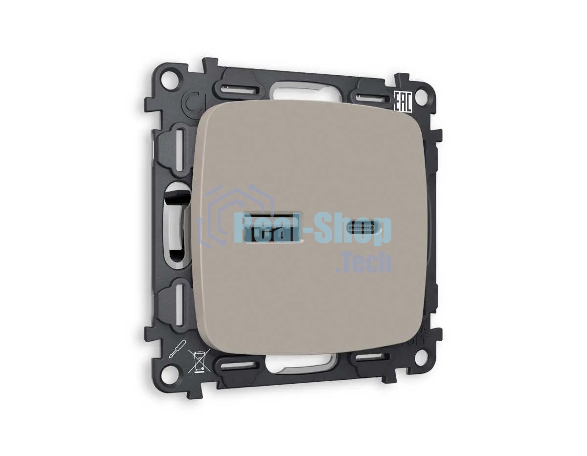Комплект механизма розетки OMEGA Серо-бежевый матовый 2USB A+C 20W (быстрая зарядка) QUANT (OP3710, VM177) MO371010