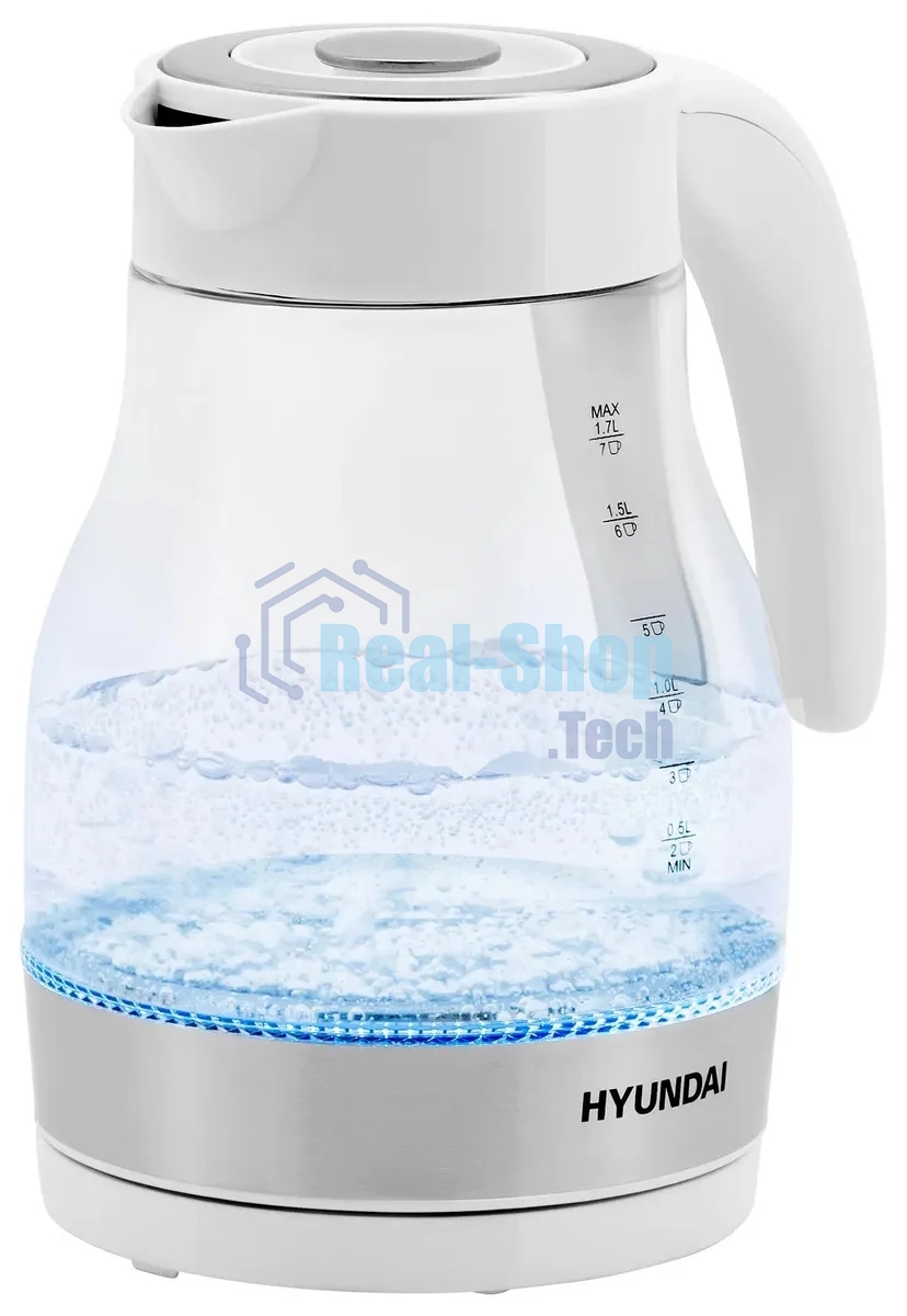 Чайник электрический Hyundai HYK-G3802 1.7 л, 2200 Вт, белый/серебристый (корпус: стекло)