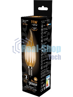 Лампа светодиодная филаментная Gauss Filament 11Вт цок.: E14 свеча 220B св. свеч. бел. теп. CF35 (упак.: 10 шт)