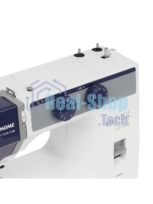 Швейная машина Janome SP901 белый/синий, электромеханическая, вертикальный качающийся, 15 операций, петля полуавтомат