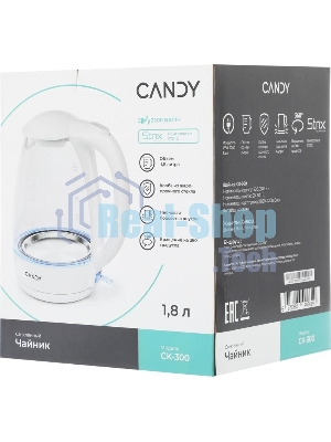 Электрочайник Candy CK-300 белый, 1.8 л, 2200 Вт, скрытый нагревательный элемент