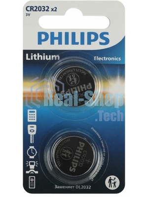Элемент питания литиевый CR2032 (блист. 2шт) Philips Б0062716