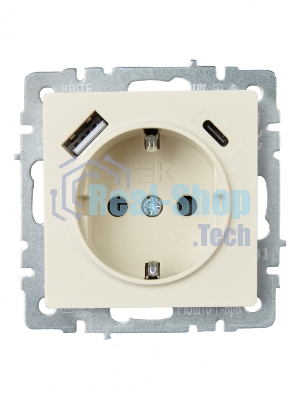 Розетка 1-местная IEK BRITE РЮш11-1-БрКр (BR-R14-16-U22-018-K10) с заземлением, с защитными шторками, 16А, с USB A+C 18 Вт, бежевый