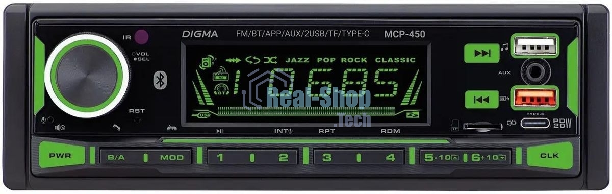 Автомагнитола Digma MCP-450, 1 DIN, Bluetooth, USB Type-A, AUX, пульт ДУ