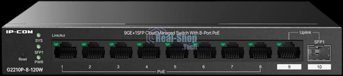 Коммутатор управляемый IP-COM G2210P-8-120W PoE, 10 портов, 9x1 Гбит/с, SFP 1x1 Гбит/с, PoE 8x30Вт (до 110 Вт)