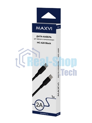 Кабель Maxvi MC-A20 black Type-C - Type-C, 2A ток макс. нагрузки 2А, макс. напряжение 5V, длина кабеля 1м, материал PVC, черный