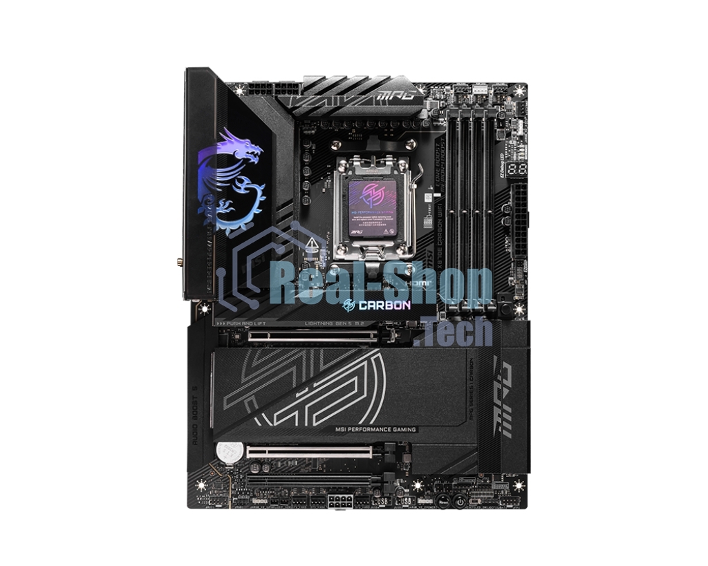 Материнская плата MSI MPG X870E CARBON WIFI, AM5, AMD X870E, 4xDDR5, 4xSATA, 4xM.2, 1xPCIe 5.0 x16, 1xPCIe 5.0 x4, 1xPCIe 4.0 x4, 1xHDMI, 2xUSB-C, 2x1Gb LAN, 9xUSB 3.2 Gen 2, 2xUSB4, 2x3.5 мм, 7.1, ATX