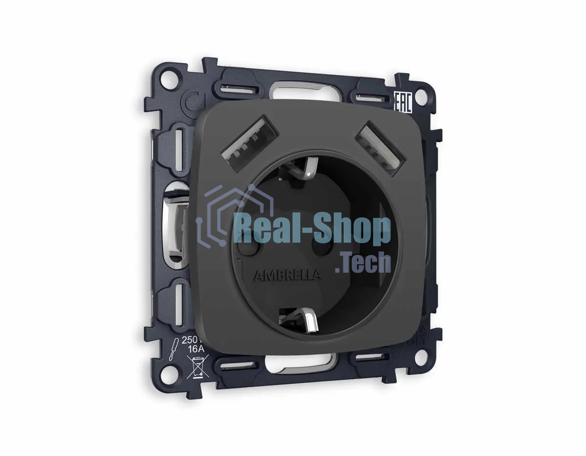 Комплект механизма электрической розетки OMEGA Графит мягкое касание 2USB A+A 18W (быстрая зарядка) с/з QUANT (OP9090, VM155) MO909010