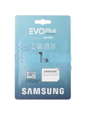 Флеш карта Samsung EVO Plus, microSDXC 1Tb, Class 10, A2, V30, UHS-I (U3), W 90 МБ/с, R 160 МБ/с, адаптер на SD