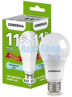 Лампа светодиодная GENERICA LL-A60-11-230-65-E27-G A60 11 Вт грушевидная 6500К E27 230В промо