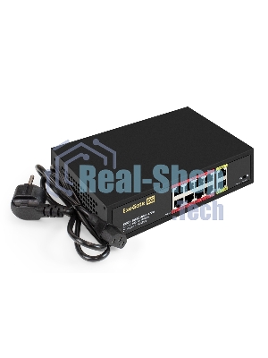 Коммутатор неуправляемый ExeGate EDGS-1082D.8PoE-120W (10-портовый: 8 портов UTP 10/100 Base-Tx с поддержкой IEEE 802.3af (PoE), мощность PoE: 15,4W, суммарно 120W, 2 порта RJ45 10/100/1000 Мбит/с (uplink), настенный/настольный, металлический корпус)