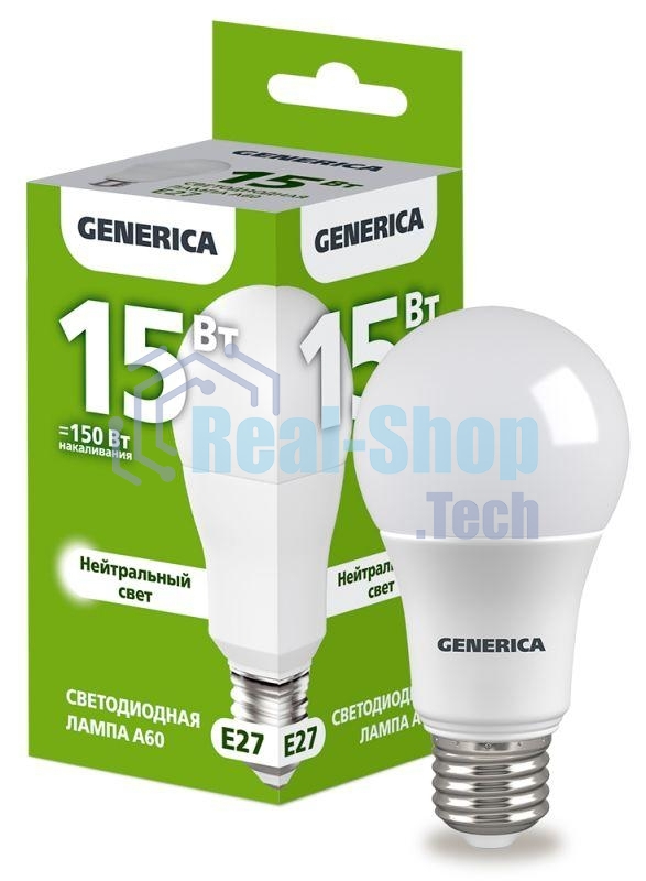 Лампа светодиодная GENERICA LL-A60-15-230-40-E27-G A60 15Вт грушевидная 4000К E27 230В