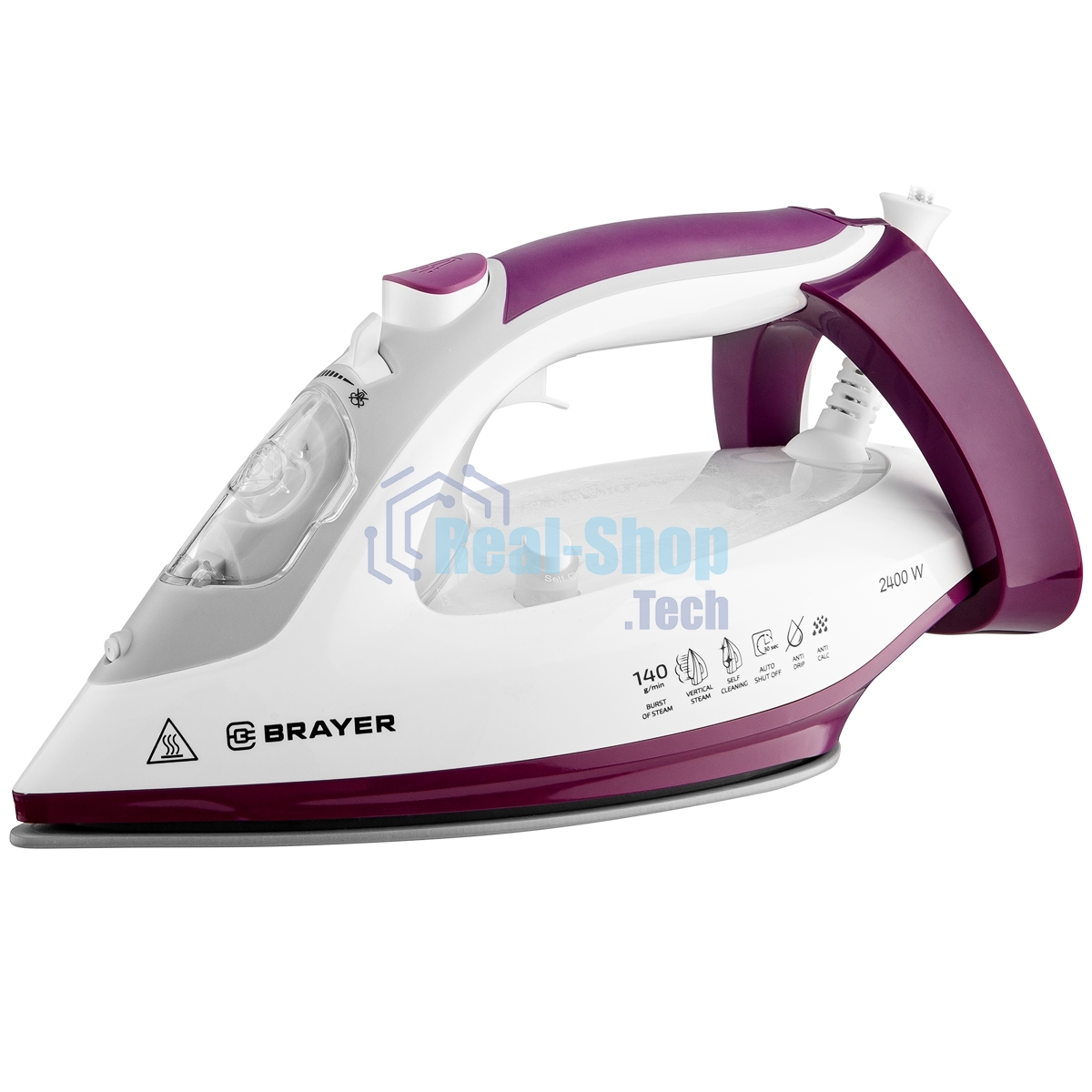 Утюг BRAYER BR4009 белый/фиолетовый, 2400 Вт, 25 г/мин, 140 г/мин, 280 мл