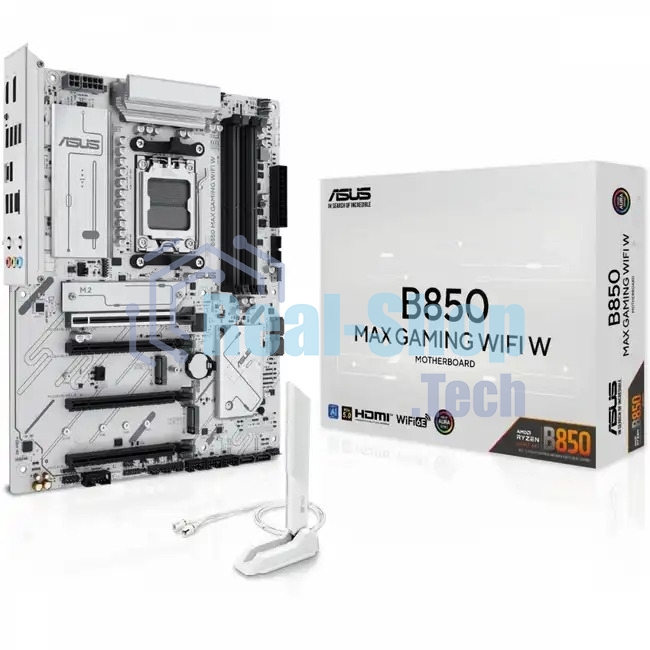 Материнская плата ASUS B850 MAX GAMING WIFI W, AM5, AMD B850, 4xDDR5, 4xSATA, 3xM.2, 1xPCIe 5.0 x16, 1xPCIe 4.0 x4, 2xPCIe 3.0 x1, 1xDisplayPort, 1xHDMI, 1x2.5Gb LAN, Wi-Fi 6E, Bluetooth 5.3, 1xUSB-C 10Gbps, 3xUSB-A 10Gbps, 2xUSB-A 5Gbps, 2xUSB-A 2.0, 3x3.5 мм, 7.1, ATX