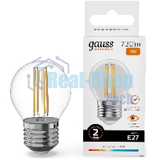 Лампа филам. Gauss Filament 12Вт цок.:E27 шар св.свеч.бел.теп. (упак.:10шт) (52212)