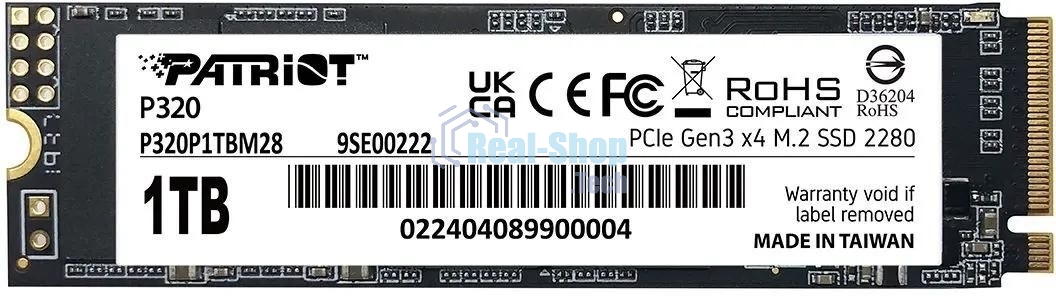 Накопитель SSD Patriot P320, 1Tb, PCIe 3.0 x4, M.2 2280, NVMe, R/W 3000/2200