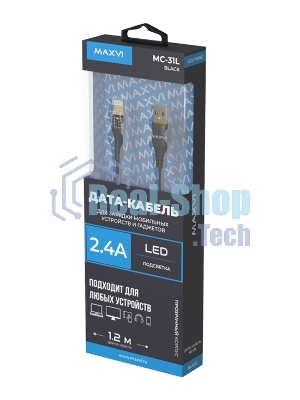 Дата-кабель Maxvi MC-31L USB-Lightning 2.4А, прозрачный корпус, LED подсветка, 1.2м, черный