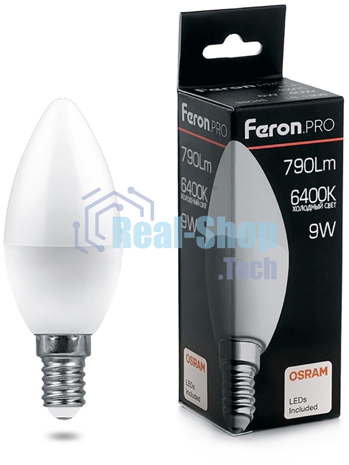 Лампа светодиодная Feron PRO LB-1309 9Вт Е14 дневной матовая свеча